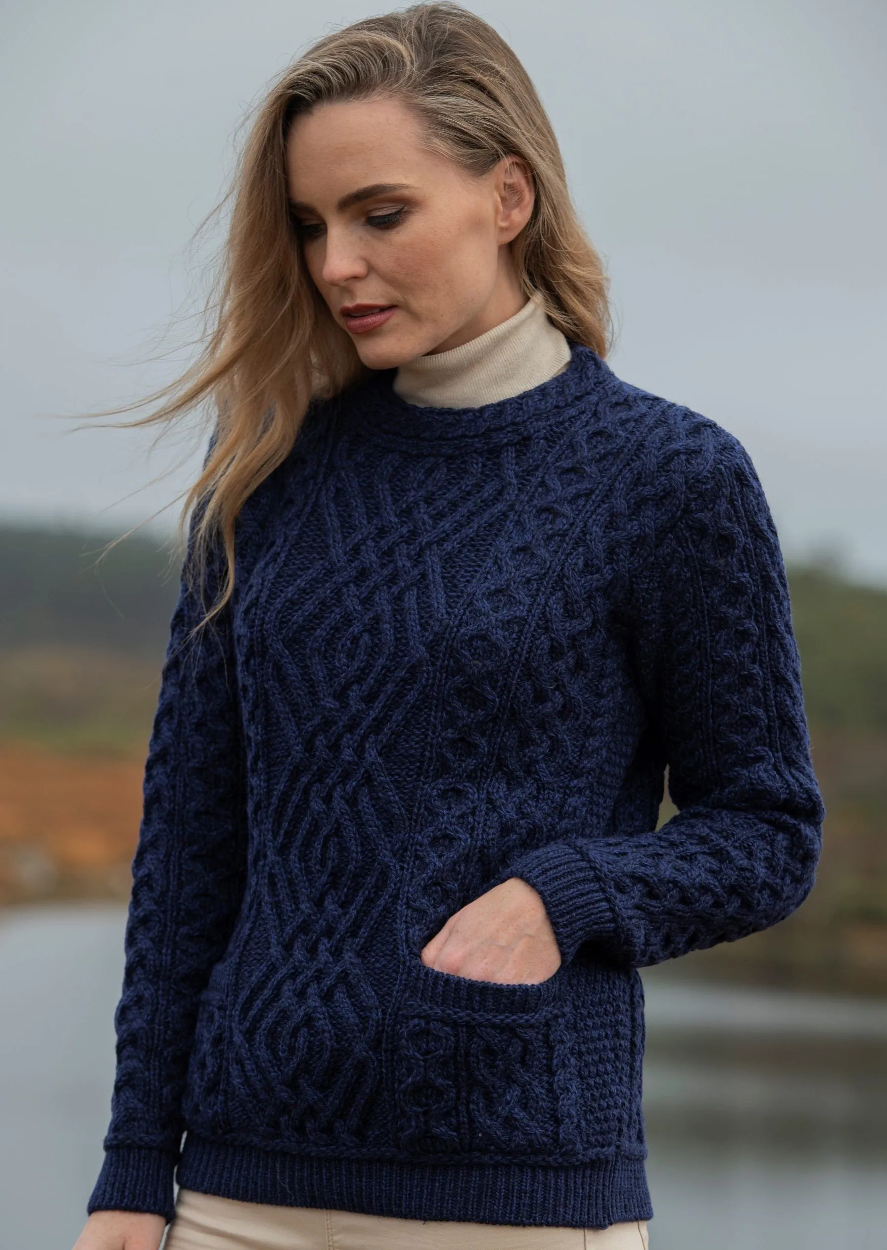 Aran Cable Knit Sweater Blue | Clearance