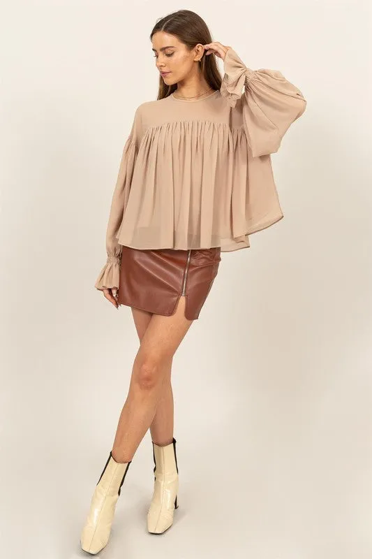 Beige Flowy Blouse With Gathered Cuffs