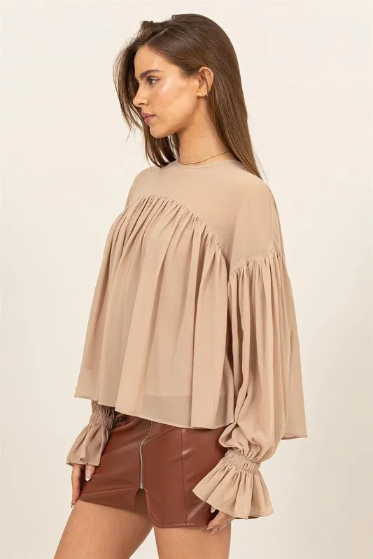 Beige Flowy Blouse With Gathered Cuffs