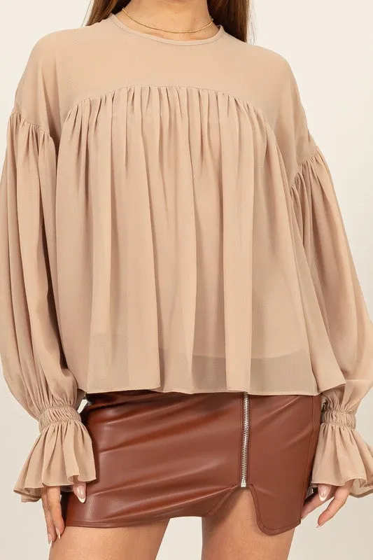 Beige Flowy Blouse With Gathered Cuffs