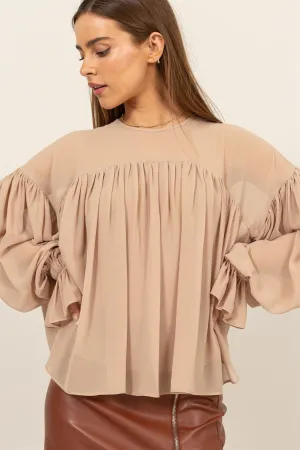 Beige Flowy Blouse With Gathered Cuffs