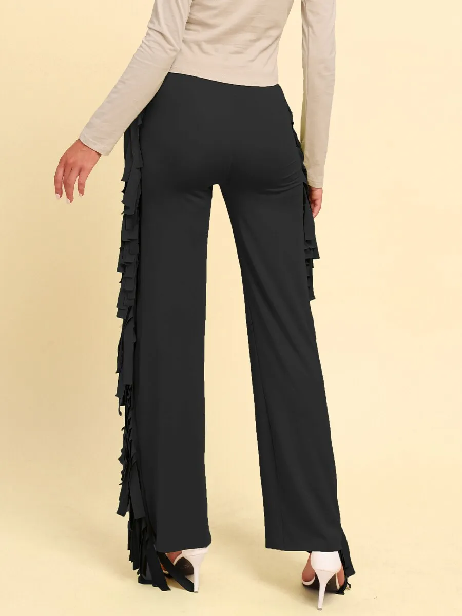 BerriesJam - 2024 Solid Fringe Trim Casual High Waist Straight Leg Trousers