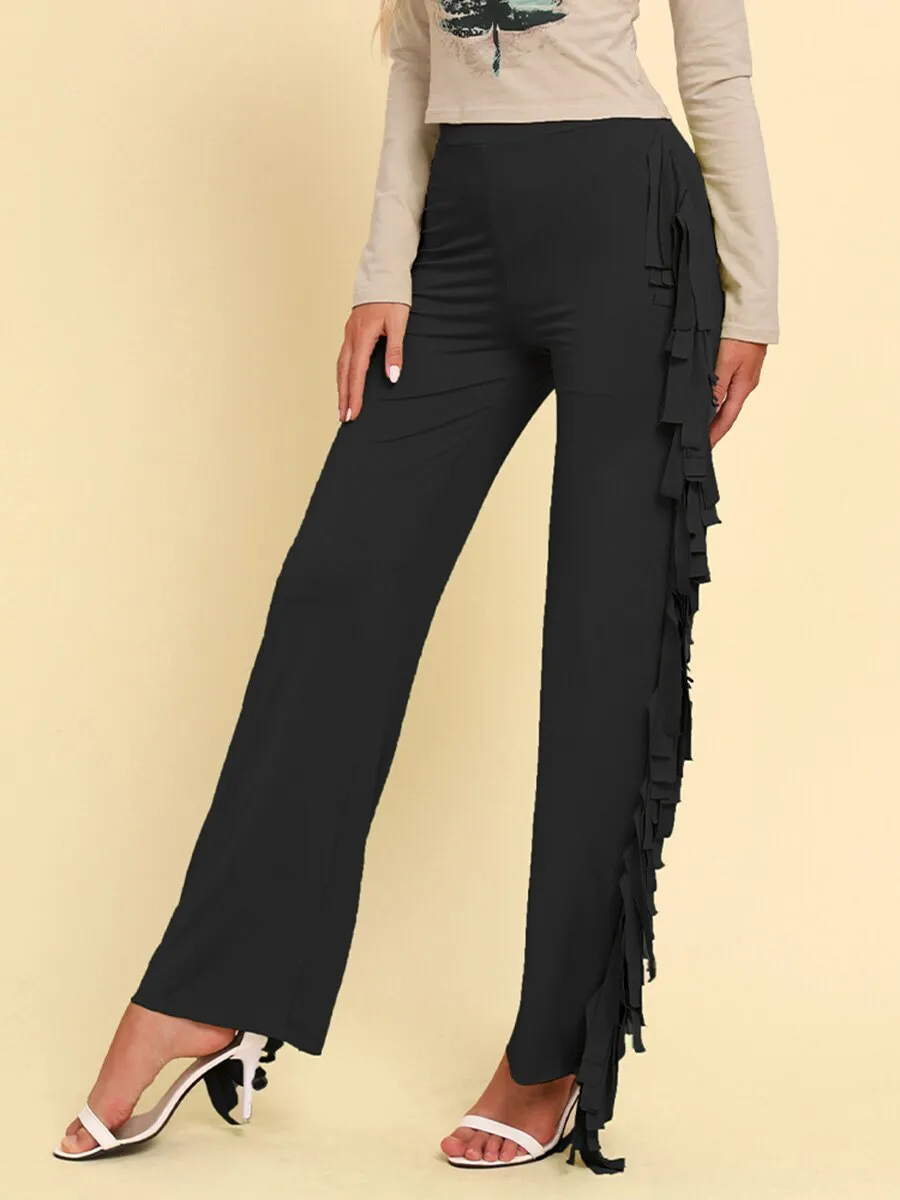 BerriesJam - 2024 Solid Fringe Trim Casual High Waist Straight Leg Trousers