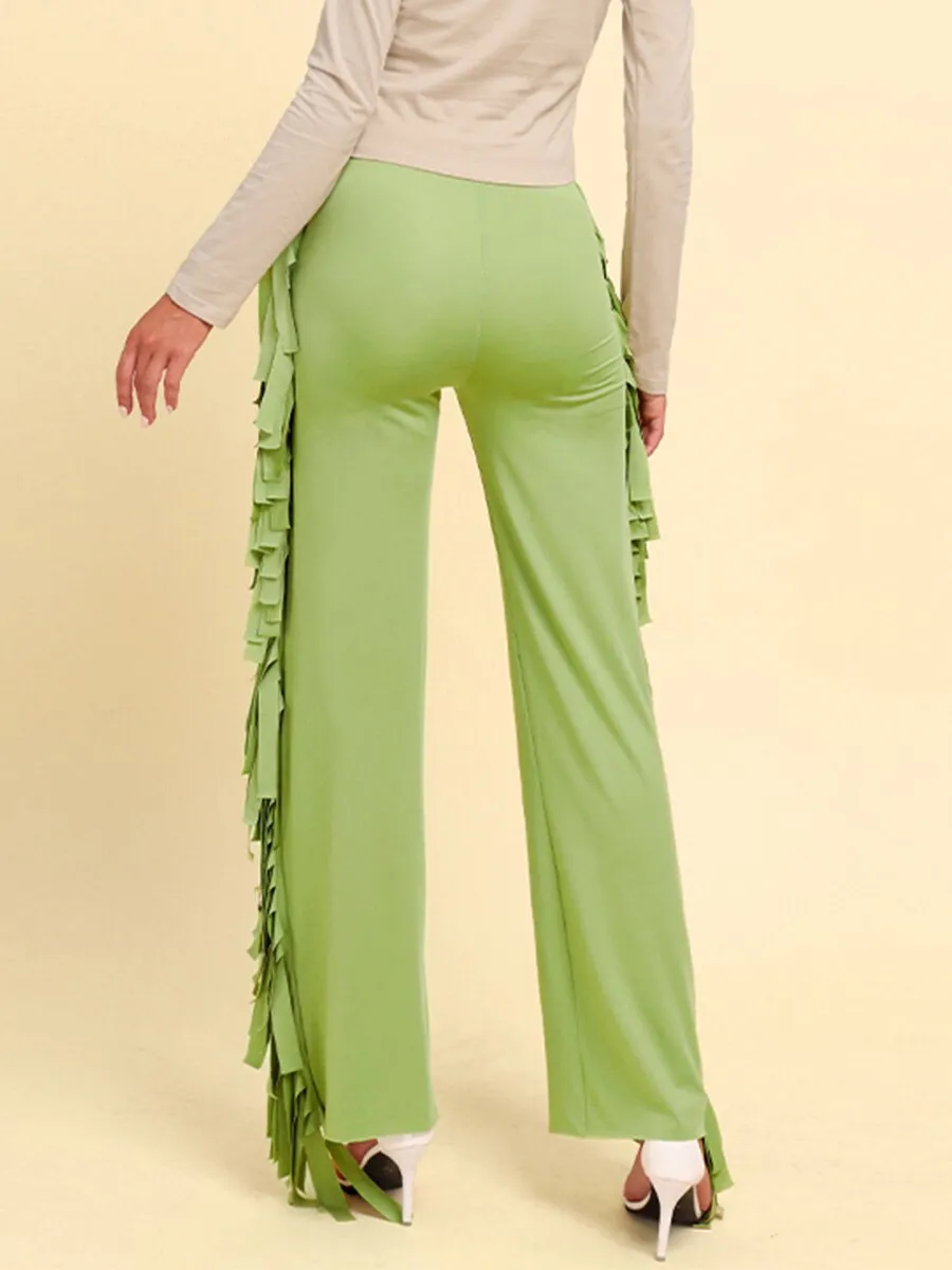 BerriesJam - 2024 Solid Fringe Trim Casual High Waist Straight Leg Trousers