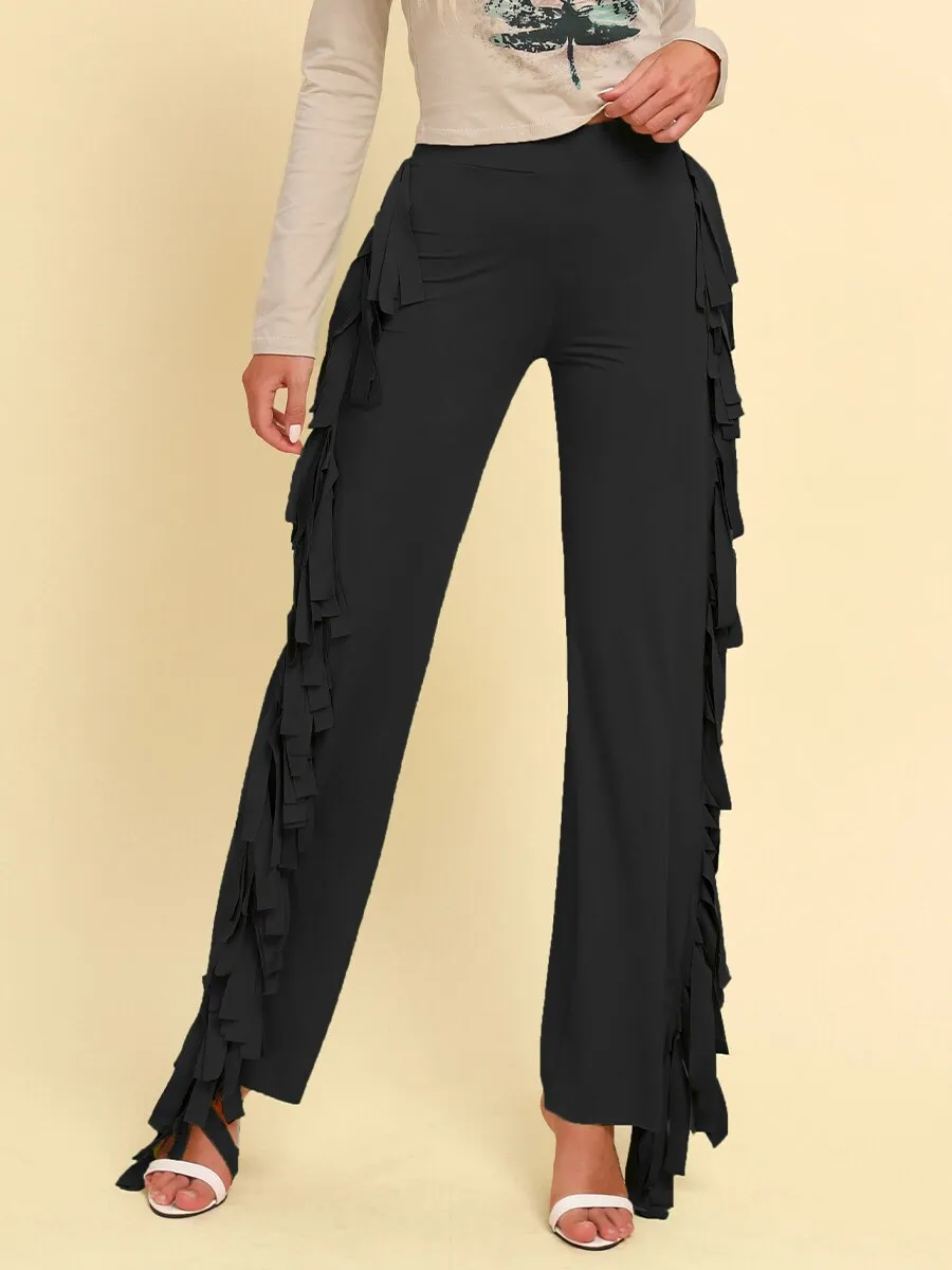 BerriesJam - 2024 Solid Fringe Trim Casual High Waist Straight Leg Trousers