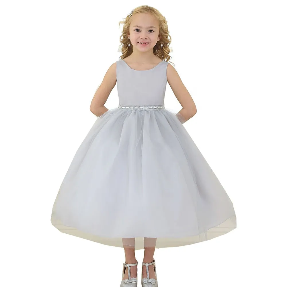 Big Girls Silver Rhinestone Tulle Junior Bridesmaid Dress 8-12