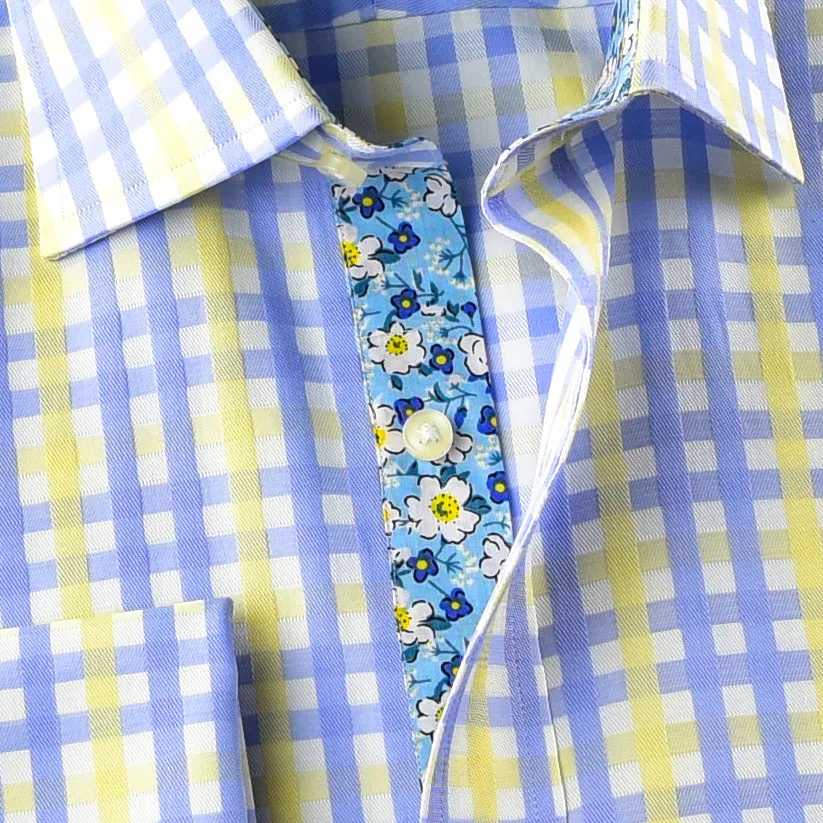 Blue Yellow Check Formal Business Dress Shirt Italian Floral Daisy Inner Lining