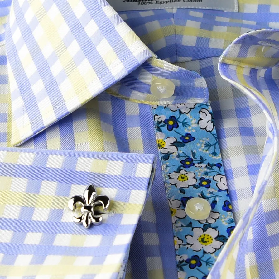 Blue Yellow Check Formal Business Dress Shirt Italian Floral Daisy Inner Lining