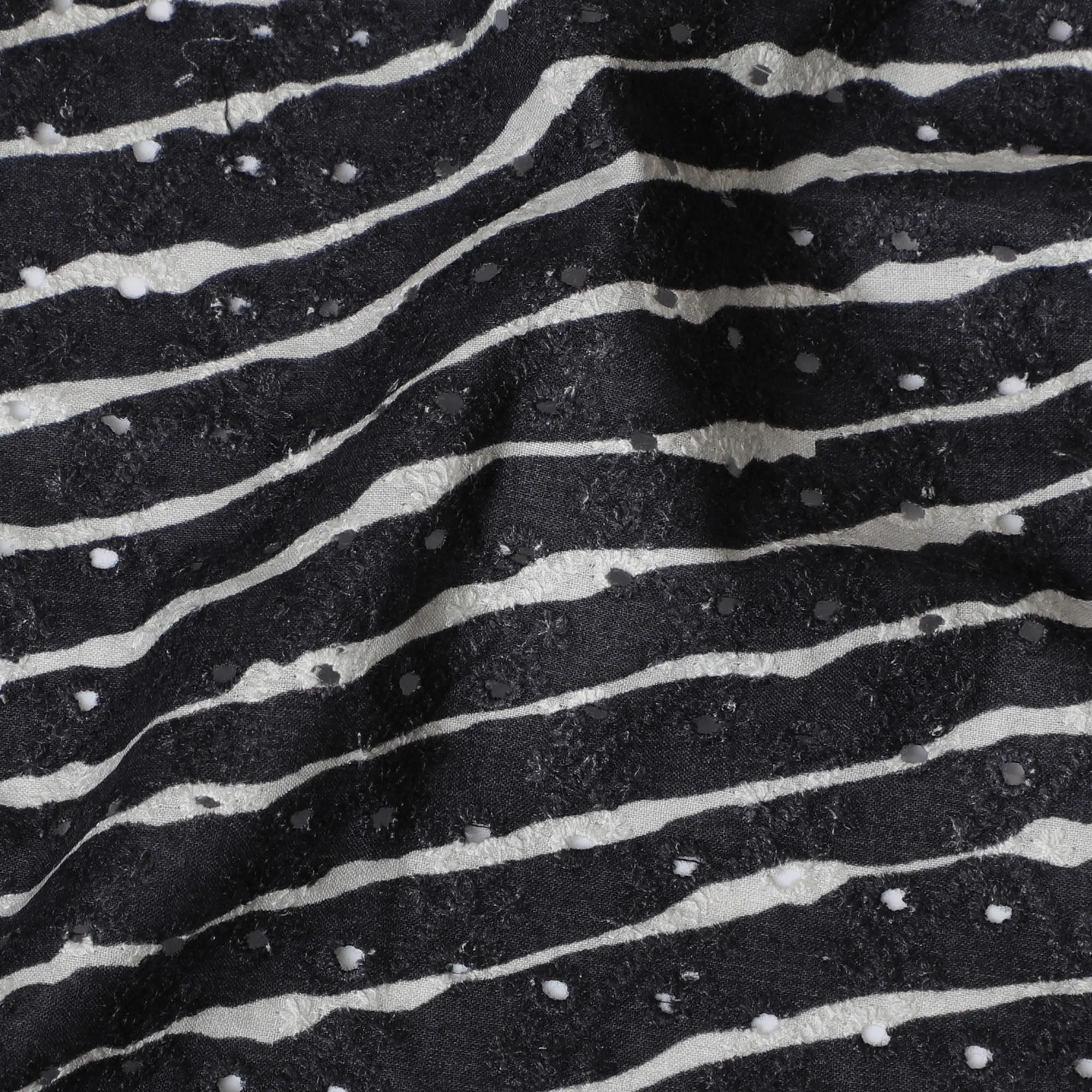 Chic Black and White Striped blended Cotton Lawn Fabric with Embroidery - 110 cm Wide - D19595