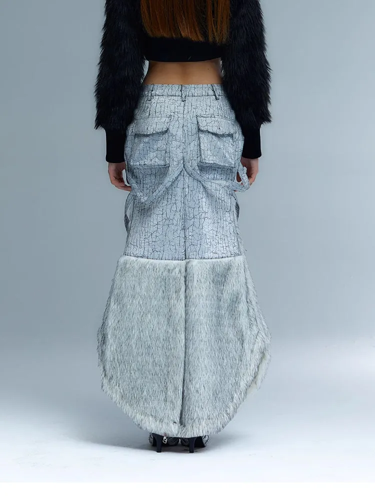 Crackle Pattern Cargo Skirt - Faux Fur Trim Maxi with Side Pockets and Back Slit