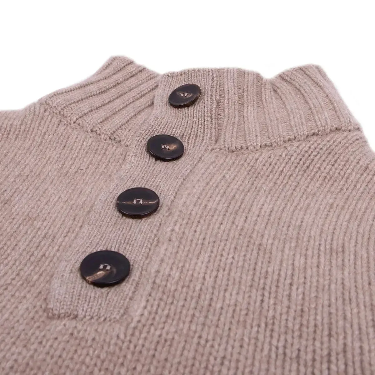 Dark Natural Cromarty Button Neck 8 ply Cashmere Sweater