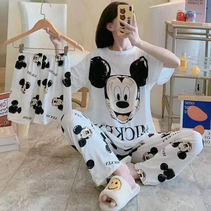 Disney Mickey White Women's Spring Summer Pajamas Set Three-piece Short Sleeve   Shorts   Trousers Soft And Comfortable Homewear L X4250045