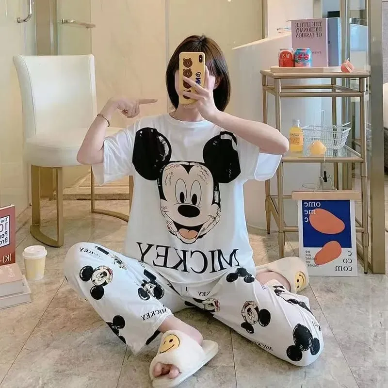 Disney Mickey White Women's Spring Summer Pajamas Set Three-piece Short Sleeve   Shorts   Trousers Soft And Comfortable Homewear L X4250045