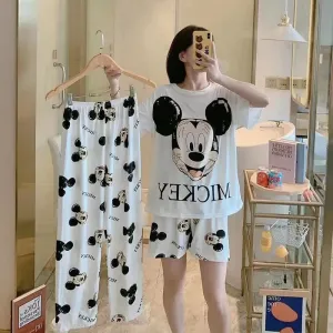 Disney Mickey White Women's Spring Summer Pajamas Set Three-piece Short Sleeve   Shorts   Trousers Soft And Comfortable Homewear L X4250045