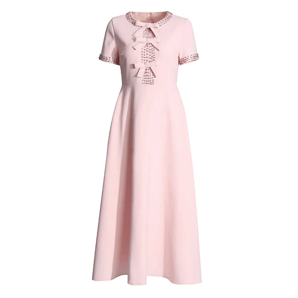 Feminine Rhinestone Round Neck Short Sleeve Bow Trim Crepe Midi Dress