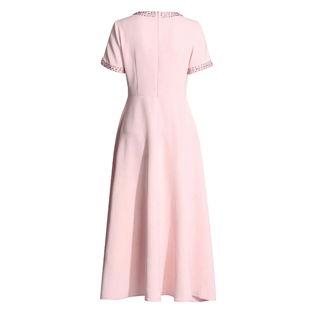 Feminine Rhinestone Round Neck Short Sleeve Bow Trim Crepe Midi Dress