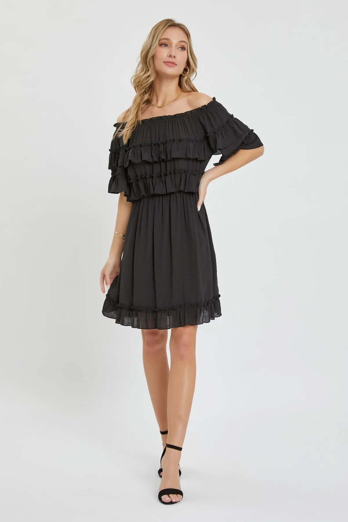 Flirty Black Off Shoulder Ruffle Midi Dress