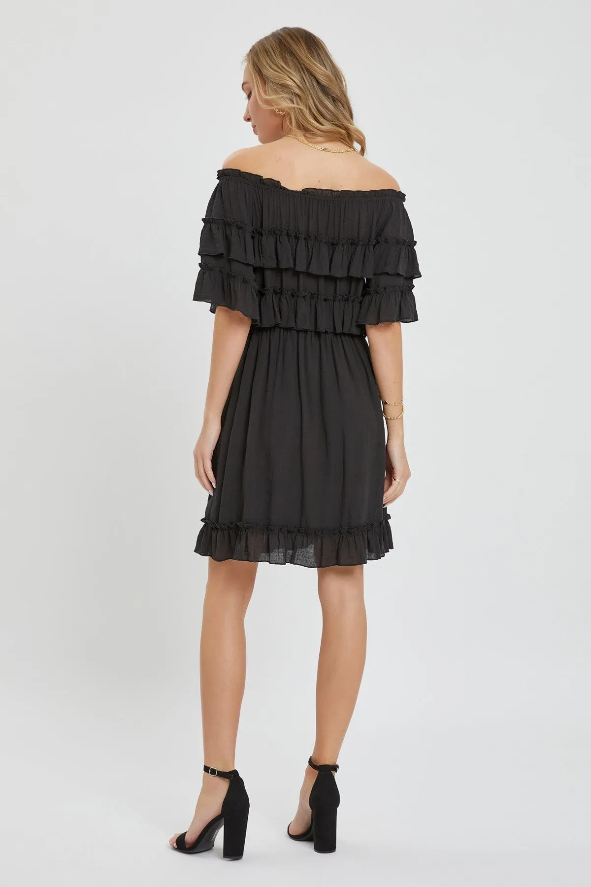 Flirty Black Off Shoulder Ruffle Midi Dress