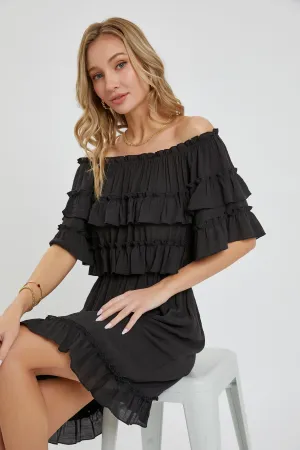 Flirty Black Off Shoulder Ruffle Midi Dress