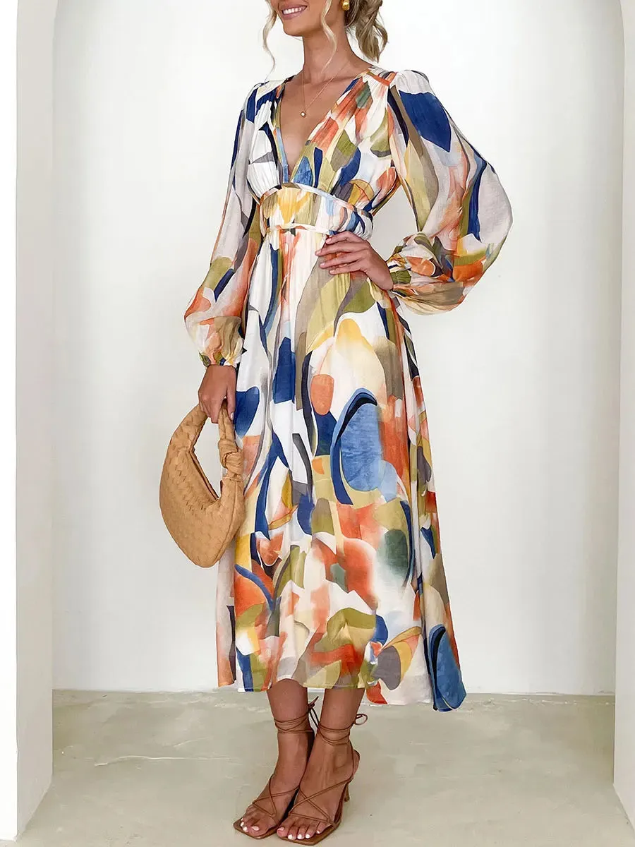 Floral Print V-Neck Long Puff Sleeve High Waist A-Line Spring Fall Casual Maxi Bohemian Dress