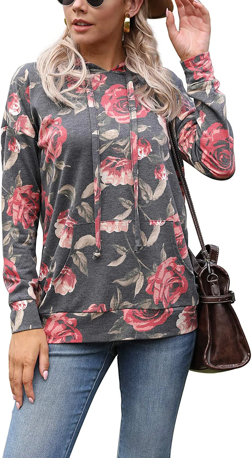 GRECERELLE Women's Floral Long Sleeve Casual Sweatshirts Tunic Tops With Pockets