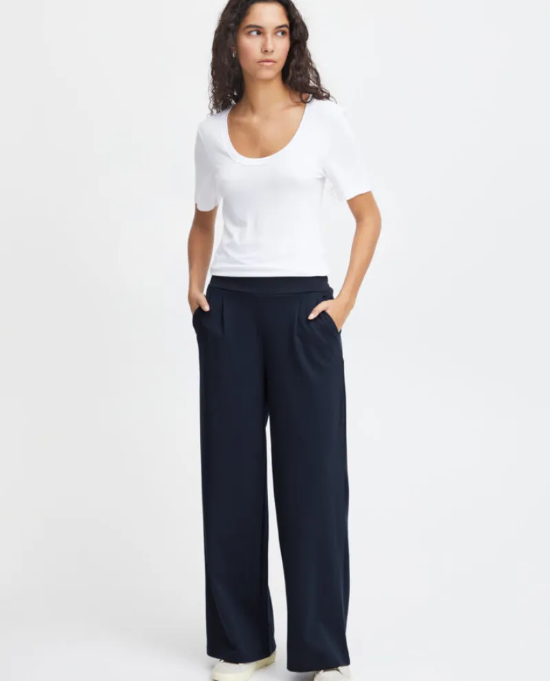 Ichi Kate Navy Long Wide Leg Trousers