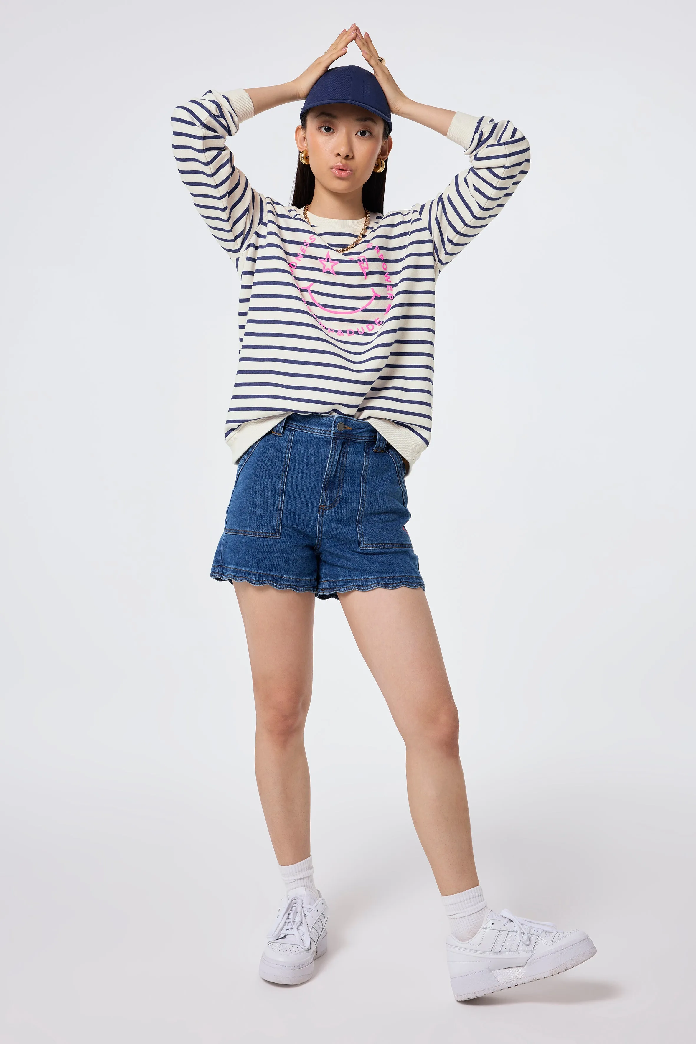 Ivory with Blue Stripe and Smiley Face Oversized Sweatshirt