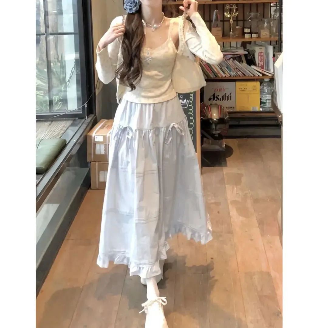 Japanese Kawaii 3 Piece Skirt Sets Women Lolita Cute Crop Top Blouse   Midi Skirts Korean Fashion Suits Chic 2000s Vintage Chic