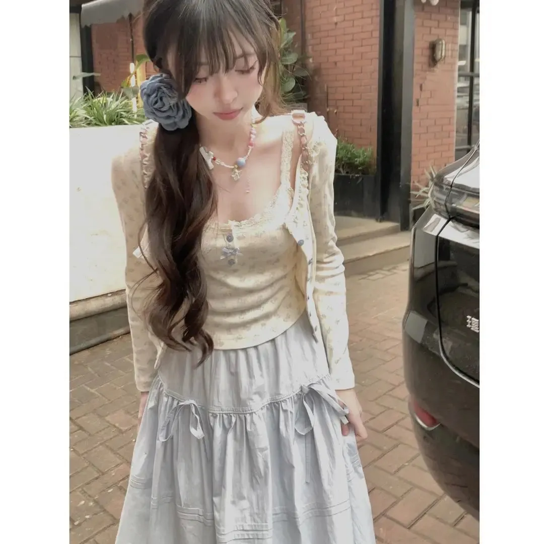 Japanese Kawaii 3 Piece Skirt Sets Women Lolita Cute Crop Top Blouse   Midi Skirts Korean Fashion Suits Chic 2000s Vintage Chic