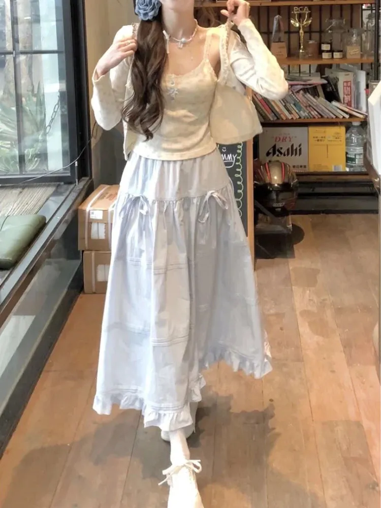 Japanese Kawaii 3 Piece Skirt Sets Women Lolita Cute Crop Top Blouse   Midi Skirts Korean Fashion Suits Chic 2000s Vintage Chic