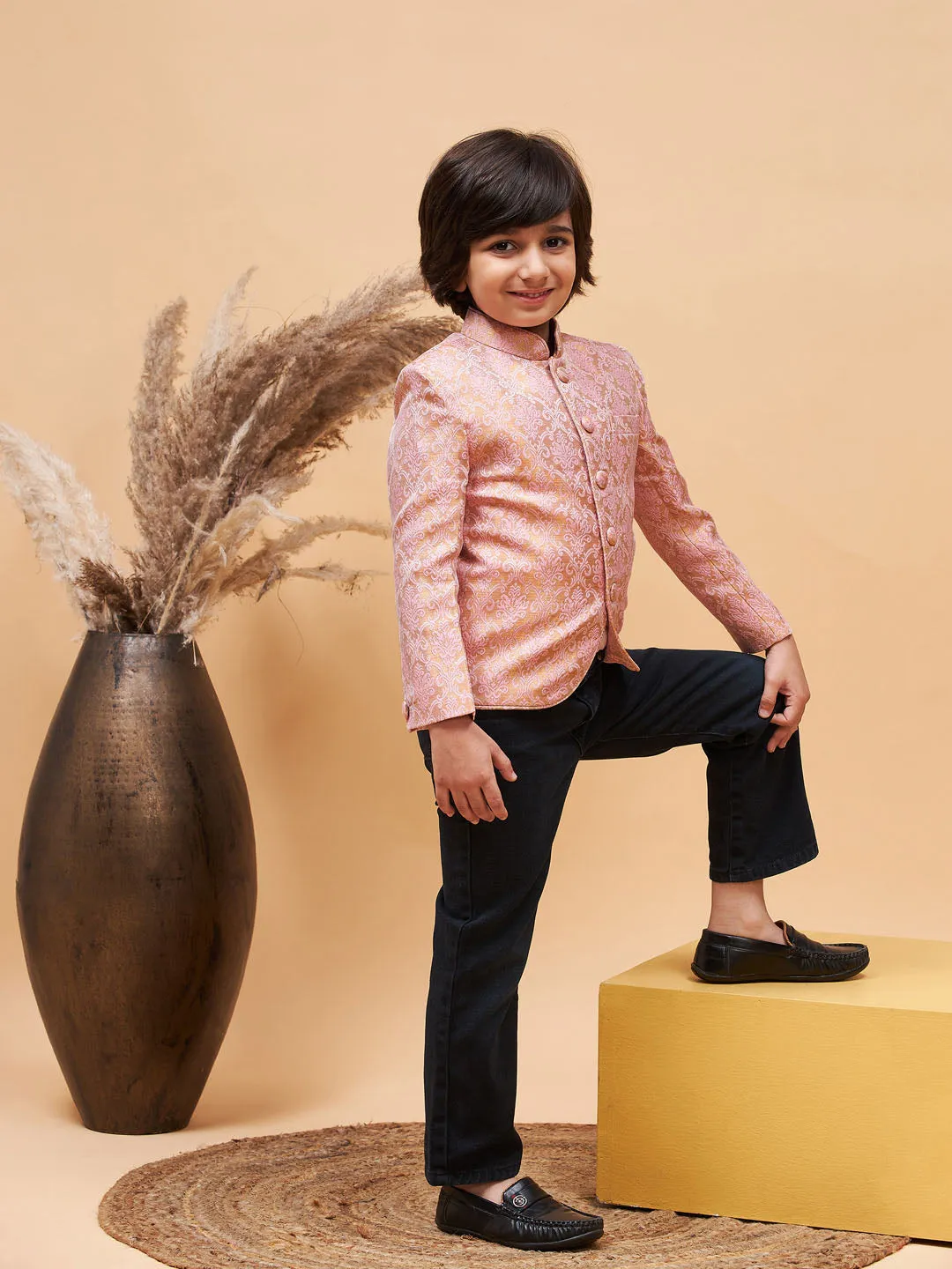 Jashvi Boy's Pink Silk Blend Woven Jodhpuri