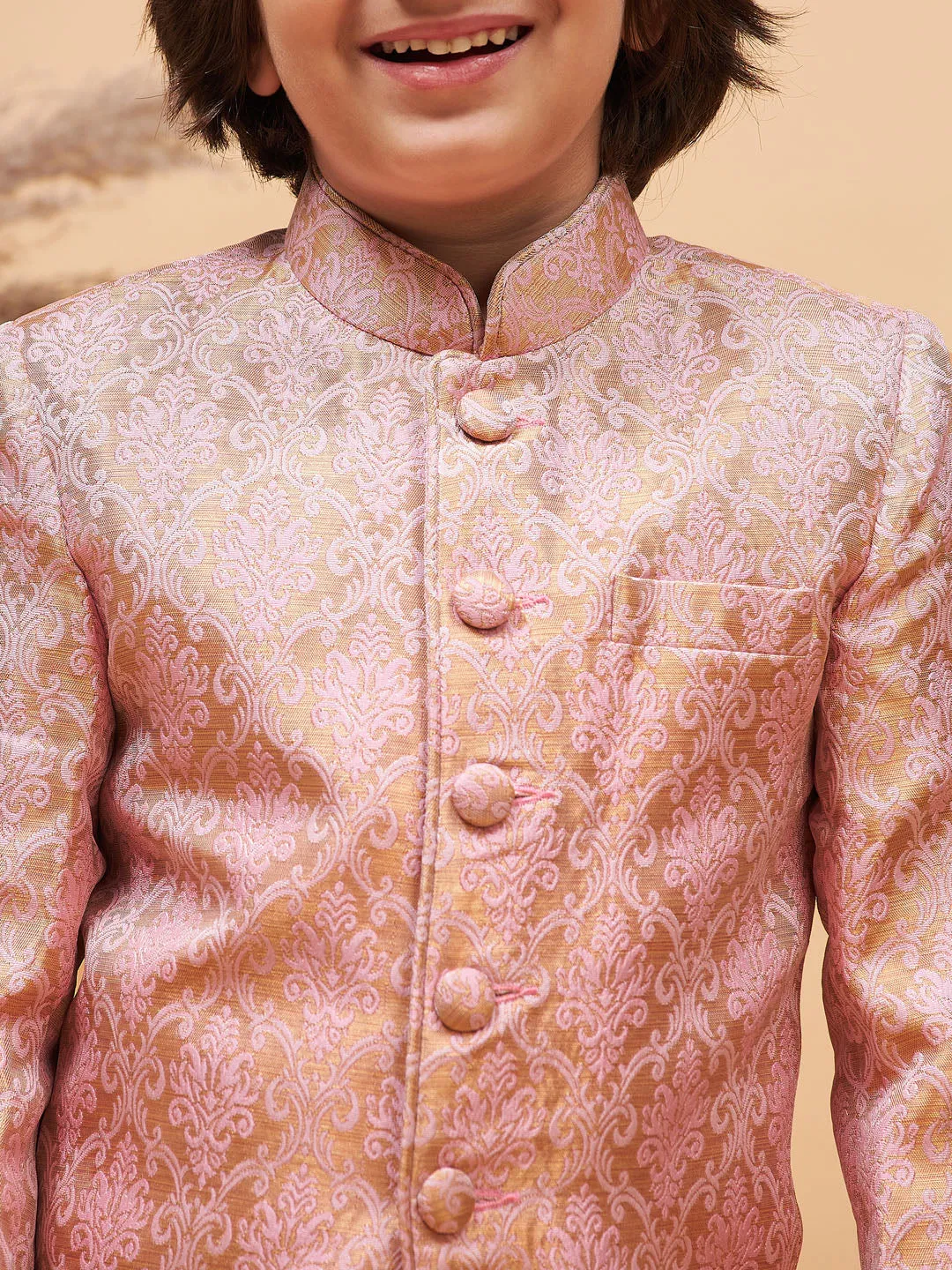 Jashvi Boy's Pink Silk Blend Woven Jodhpuri