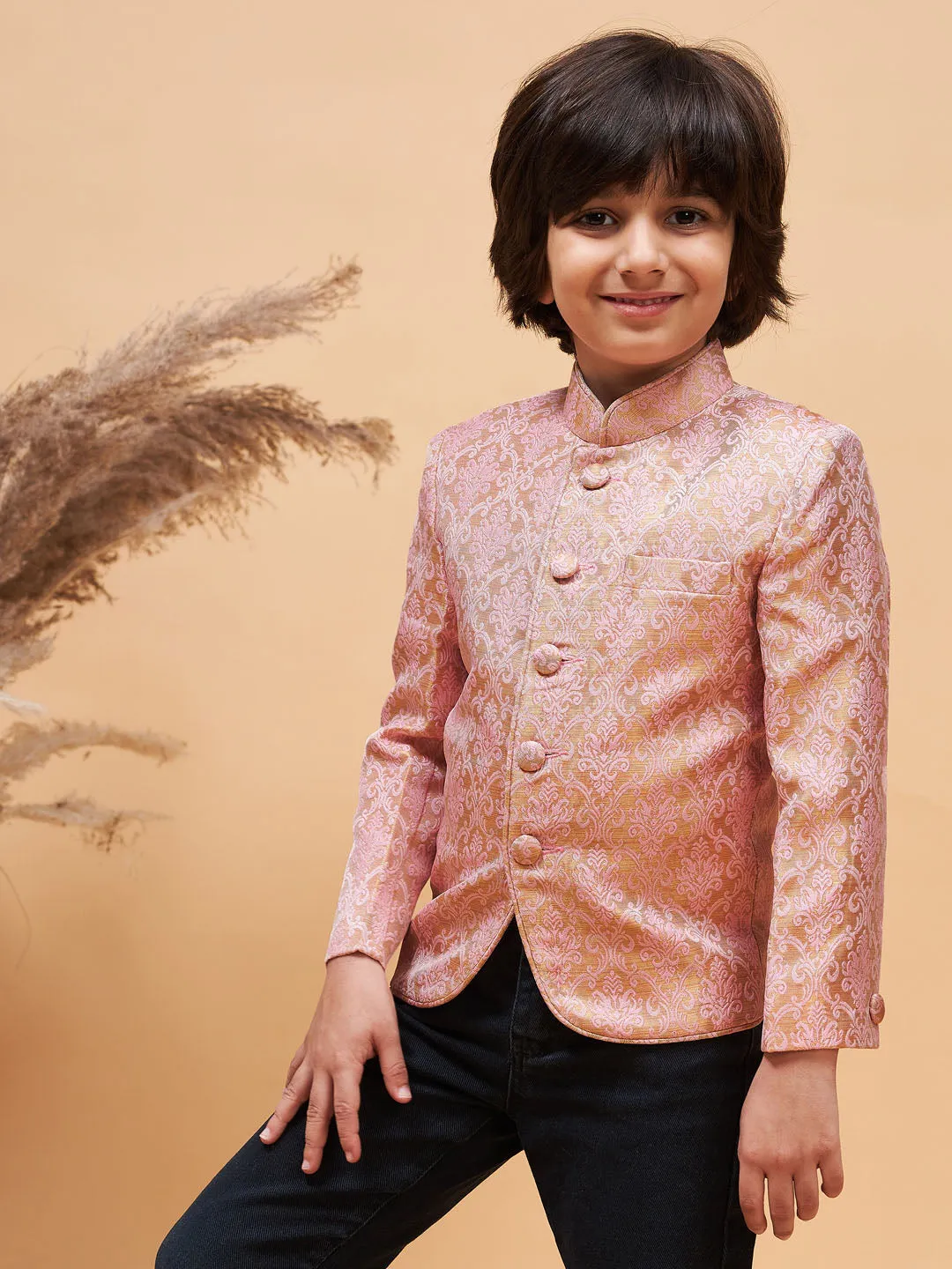 Jashvi Boy's Pink Silk Blend Woven Jodhpuri