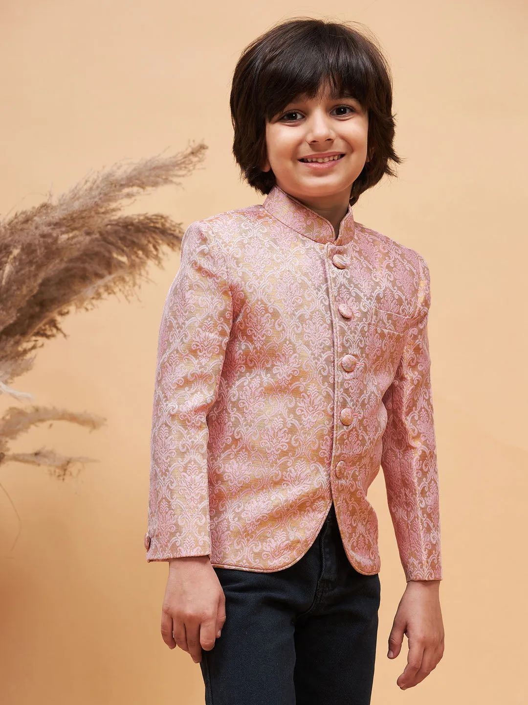 Jashvi Boy's Pink Silk Blend Woven Jodhpuri