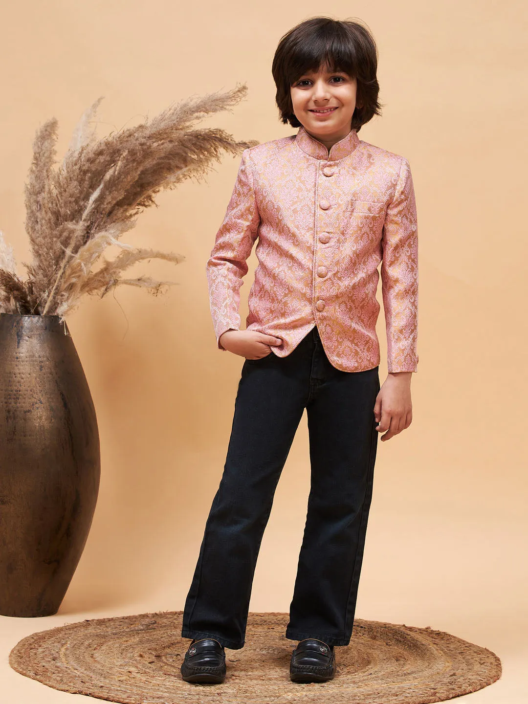 Jashvi Boy's Pink Silk Blend Woven Jodhpuri