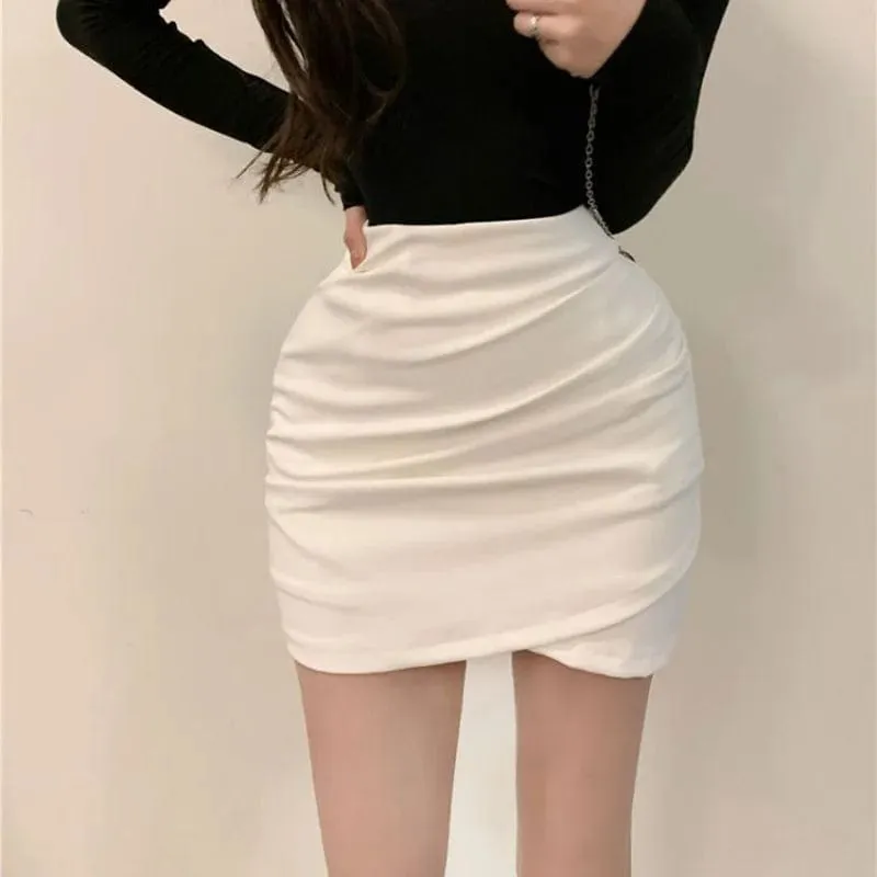 Luxury Solid High Waist Irregular Folds Hip Wrap Mini Skirt - Sexy Slim Short Pencil Skirt for Women