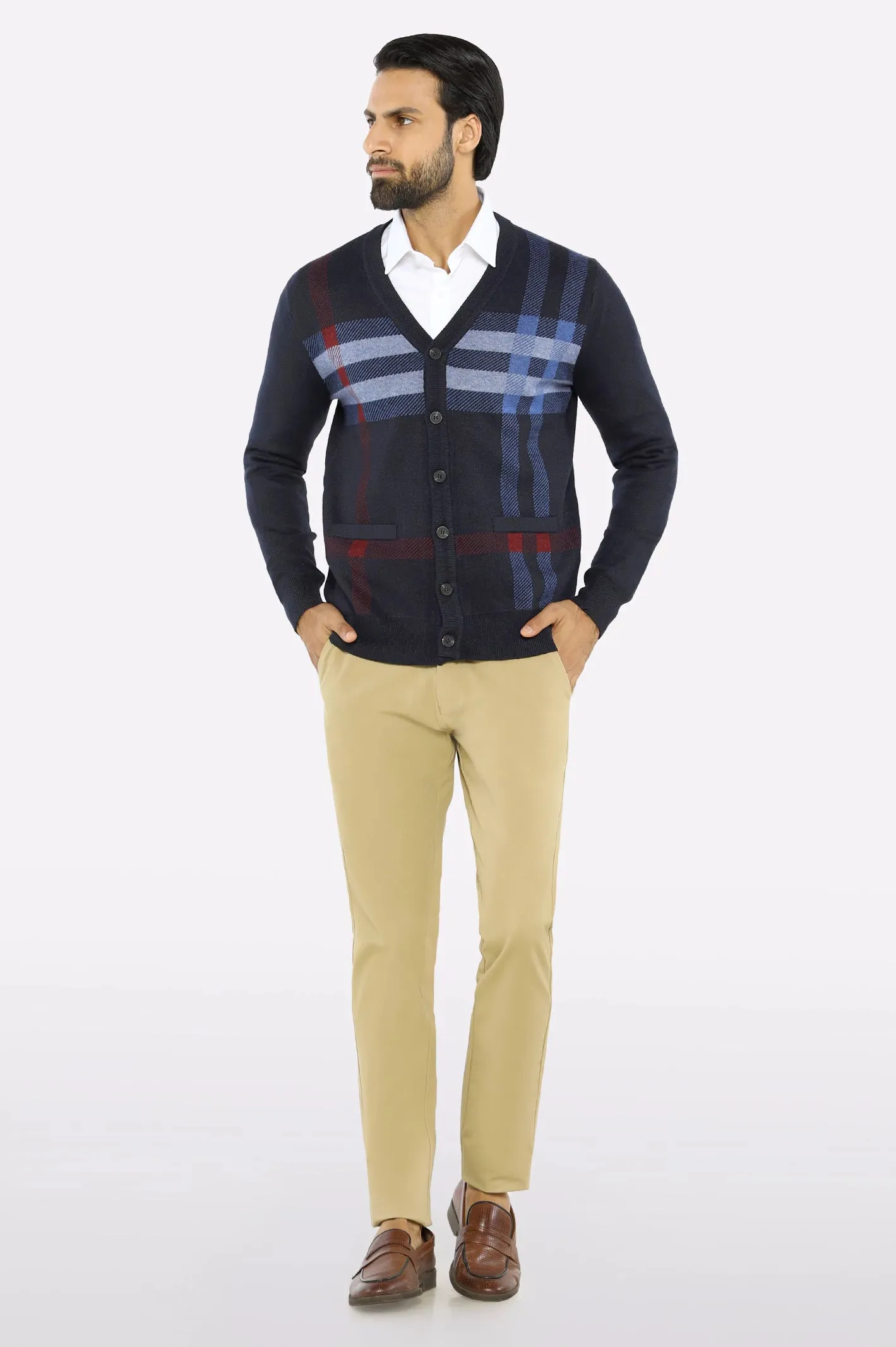 Men Full Sleeves Multi Blue Cardigan