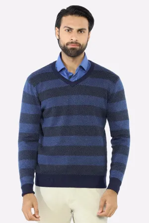 Men V-neck Dark Blue Sleeves Sweater