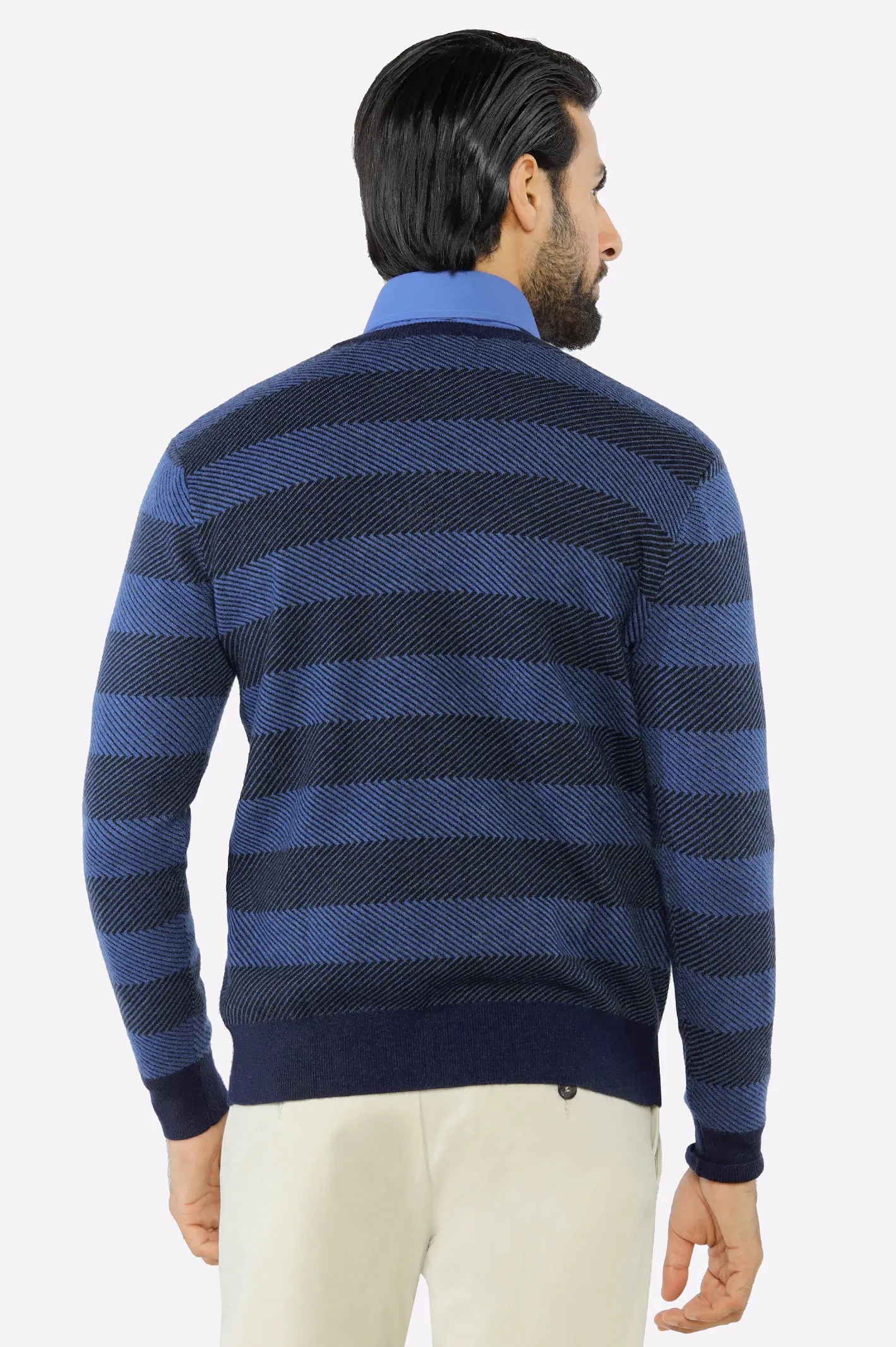 Men V-neck Dark Blue Sleeves Sweater