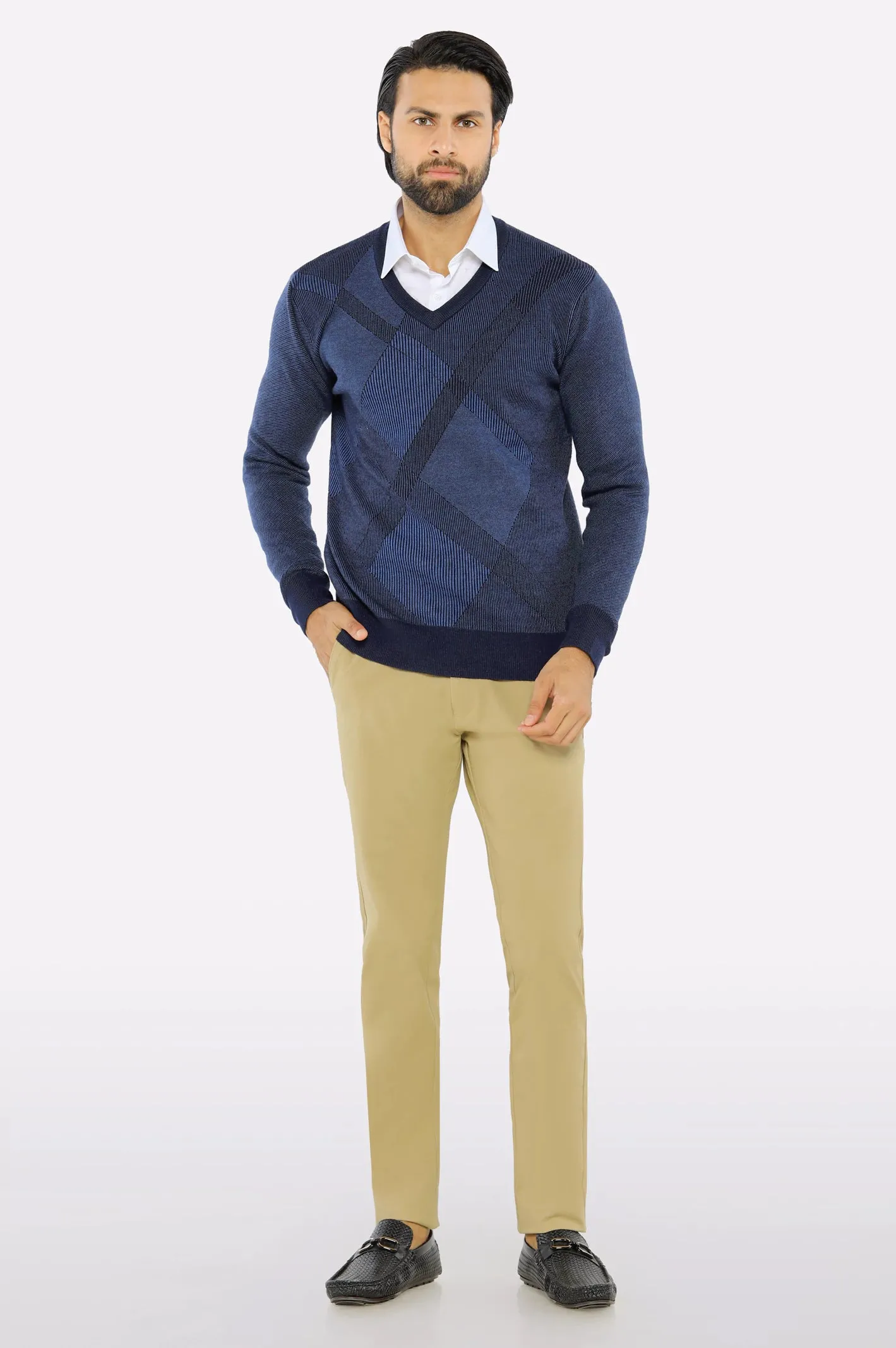 Men V-neck Multi Navy Sleeves Sweater