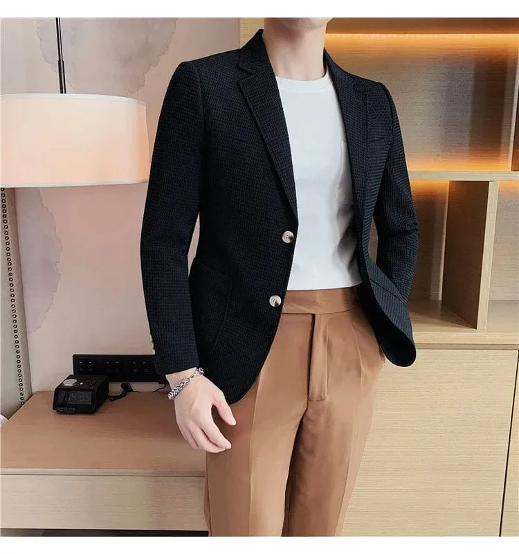 Men's Single Breasted Slim Fit Blazer Waffle Jacket: High-Quality Casual/Formal Suit Coat