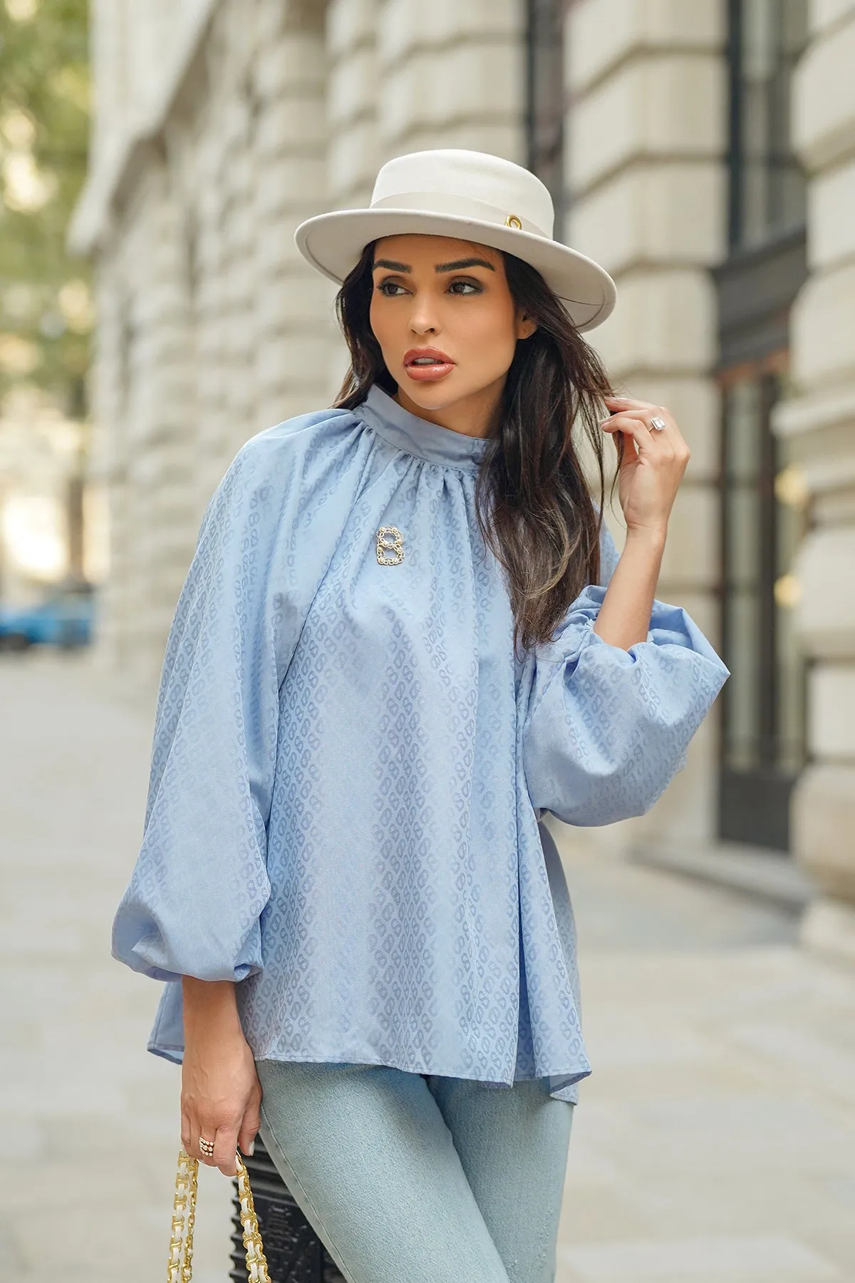 Monogram Embossed Puff Blouse - Airy Blue