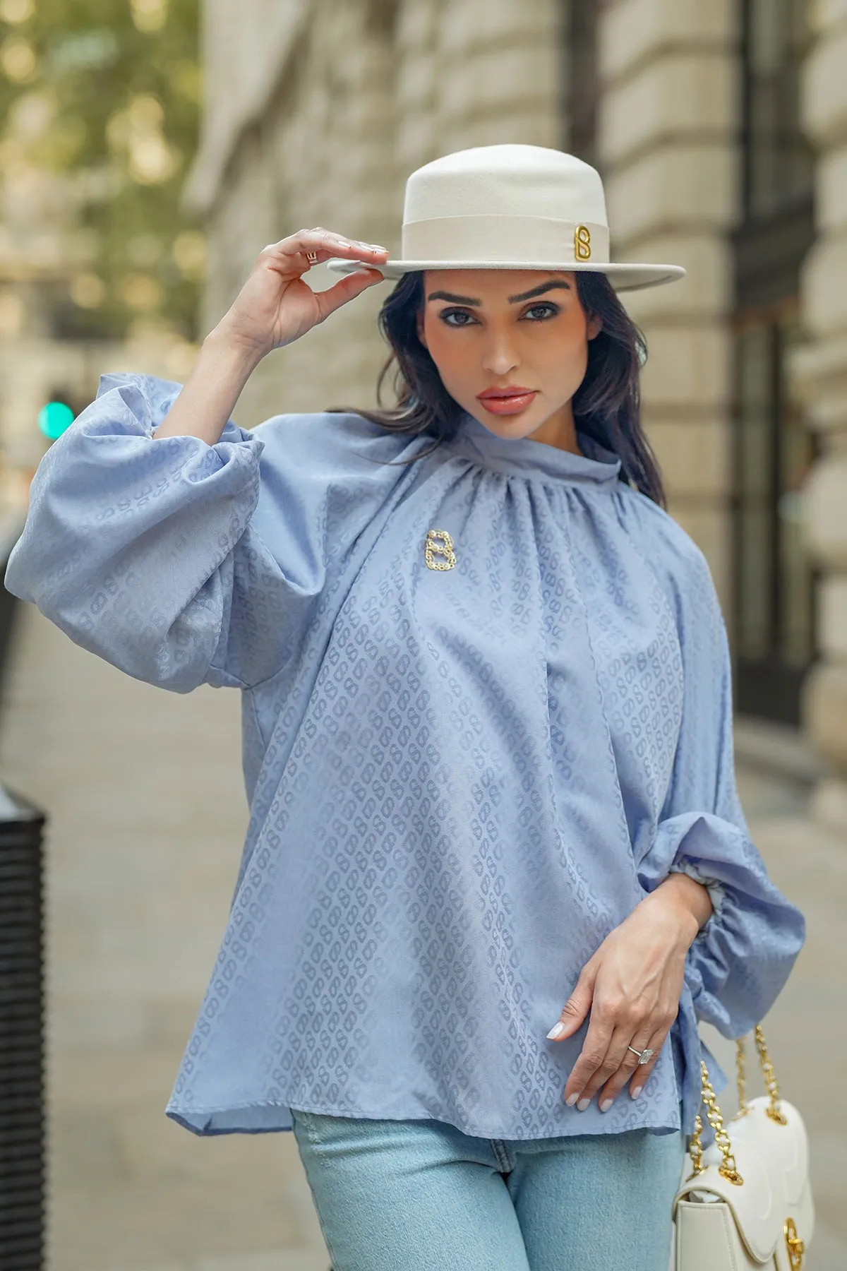 Monogram Embossed Puff Blouse - Airy Blue