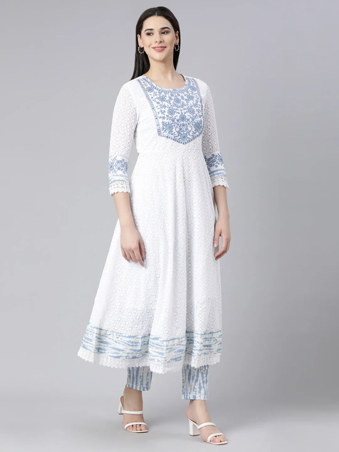 Neerus Blue Panelled Yoke Design Kurta And Trousers With Dupatta