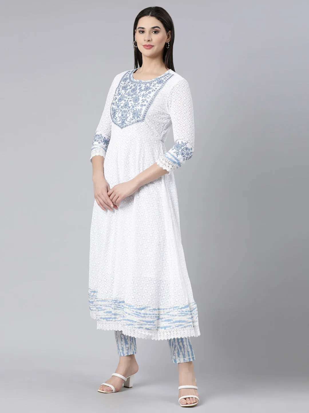 Neerus Blue Panelled Yoke Design Kurta And Trousers With Dupatta