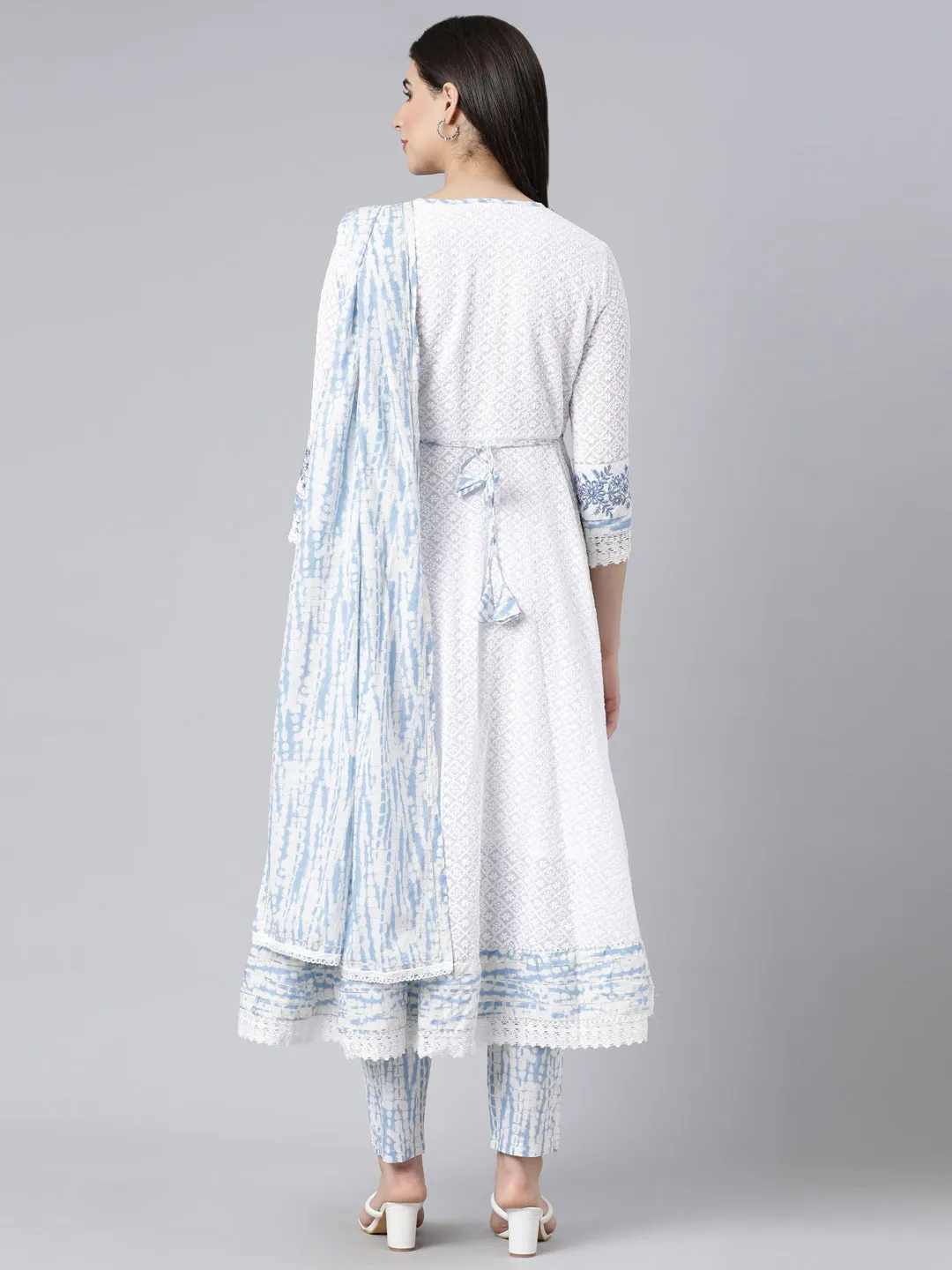 Neerus Blue Panelled Yoke Design Kurta And Trousers With Dupatta