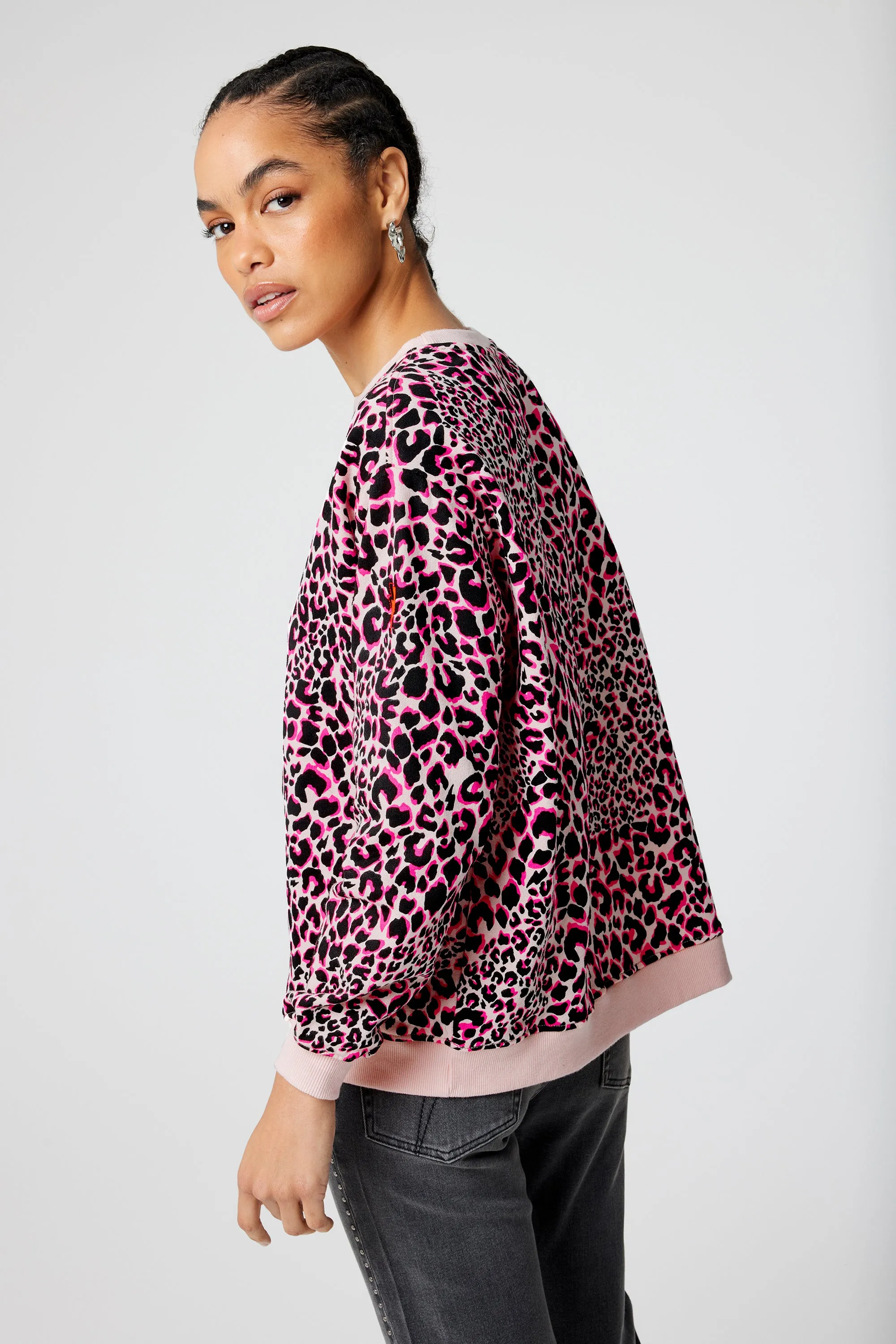 Neutral with Pink and Black Rock and Roll Leopard Oversized Sweatshirt