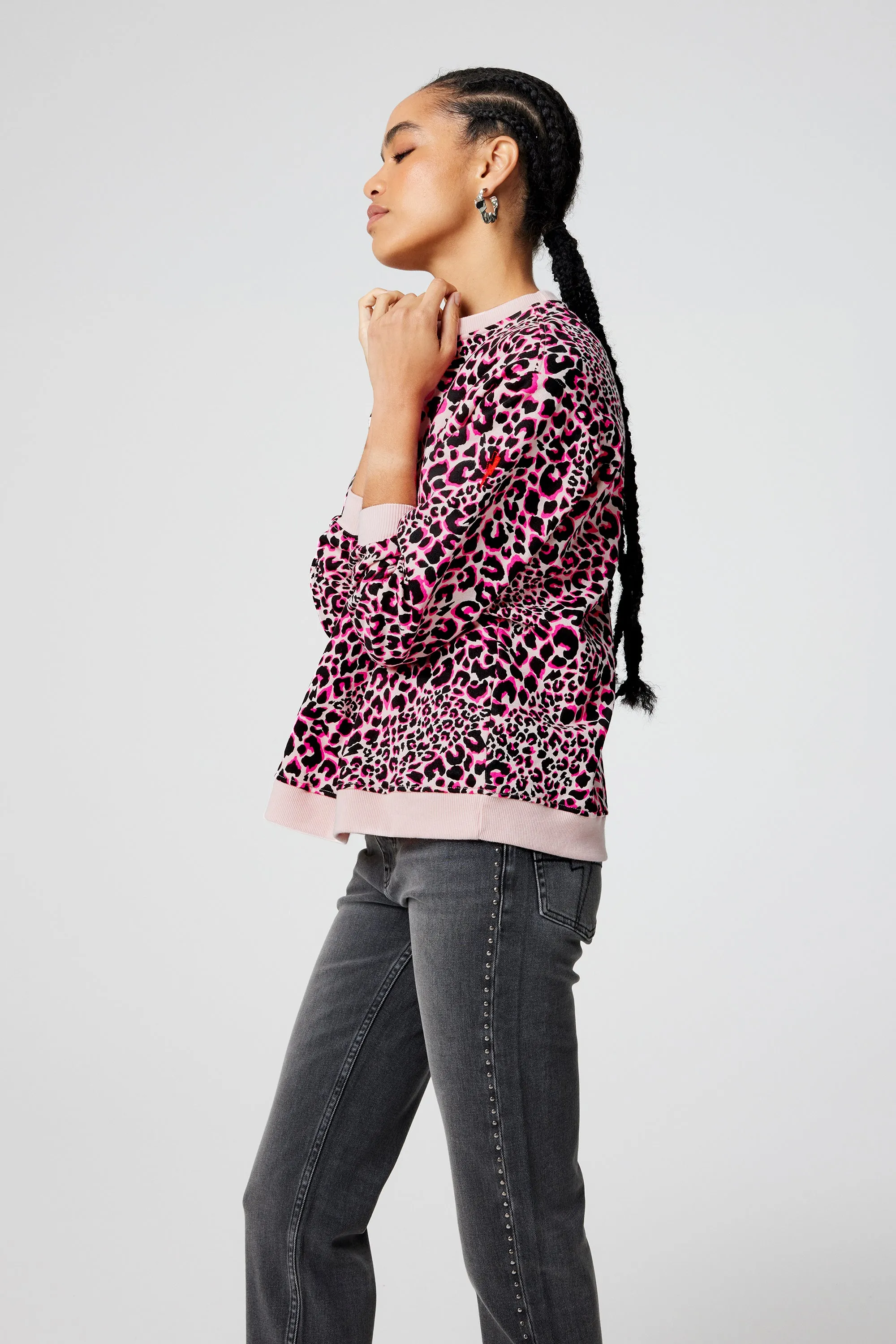 Neutral with Pink and Black Rock and Roll Leopard Oversized Sweatshirt