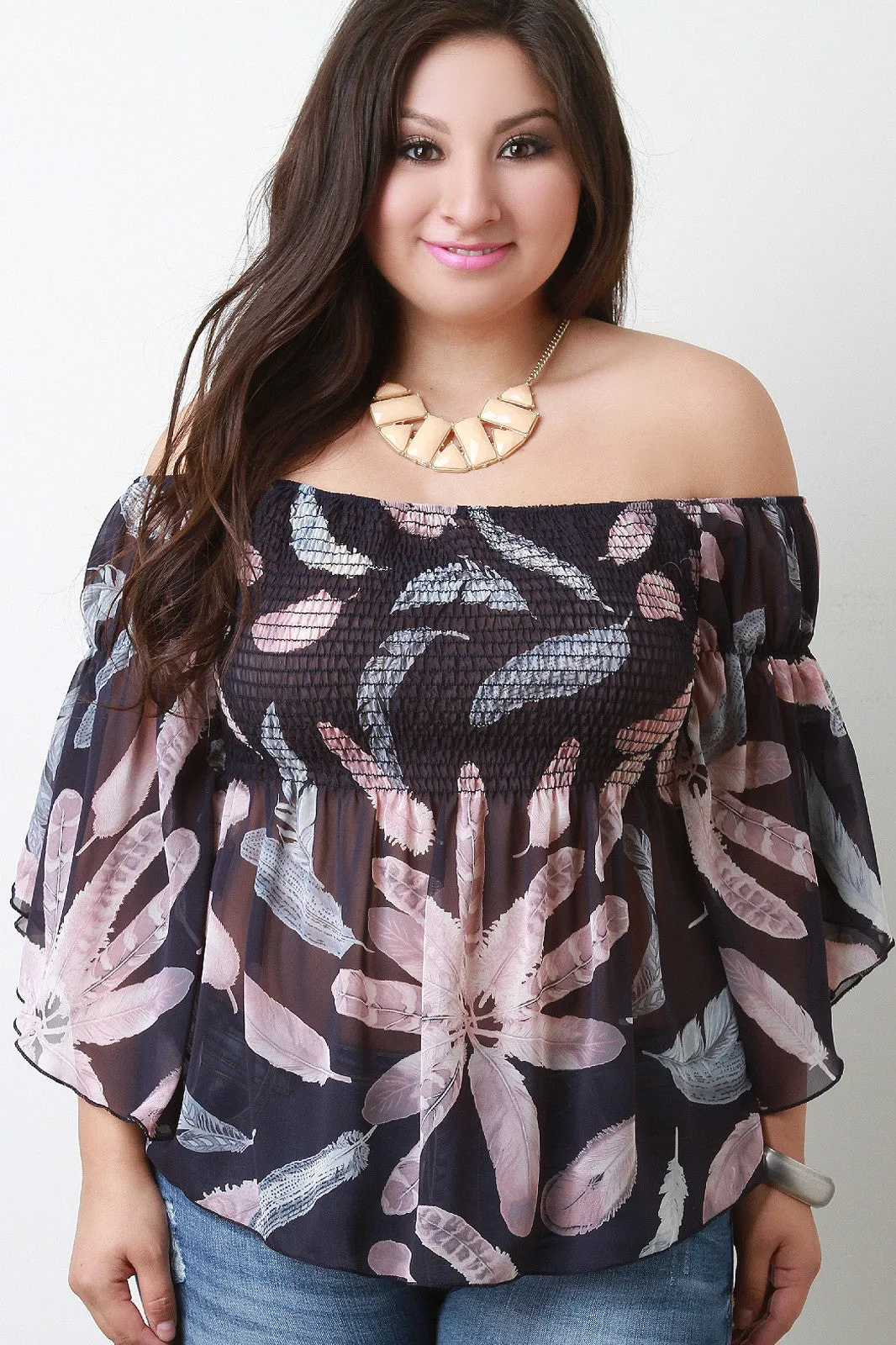 Off The Shoulder Feather Print Chiffon Top