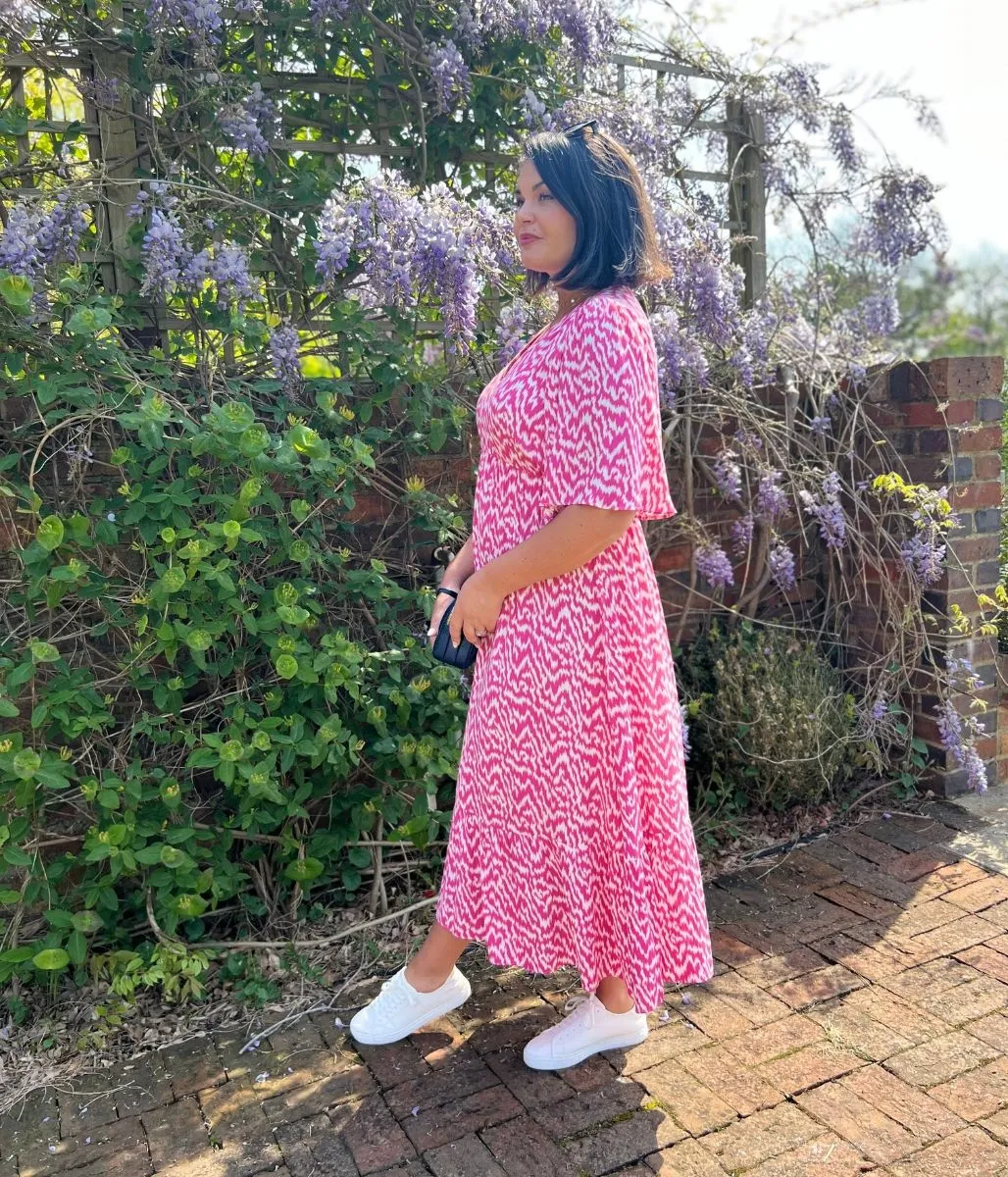 Pink Ikat Print Midi Dress